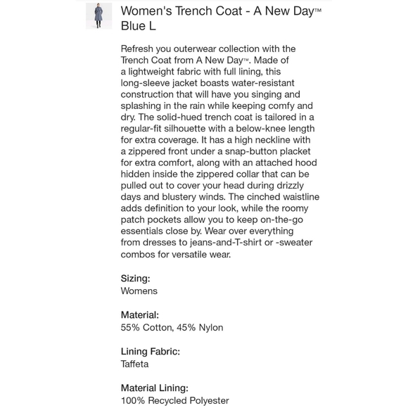 NWT Women's Rain Resistant Trench Coat - XL - Picture 5 of 9